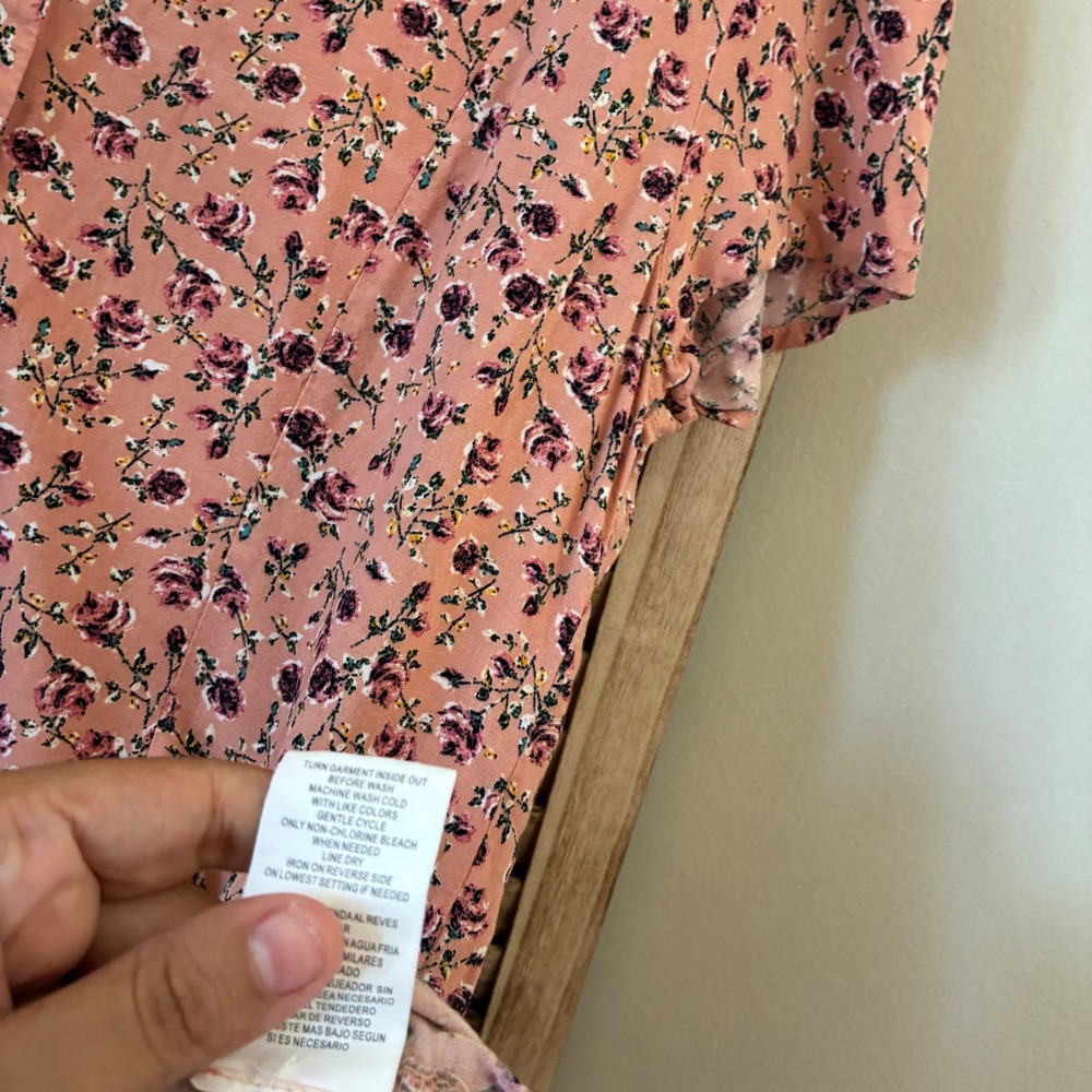 Kindred Women Boho Peach Pink Floral Button Front V-Neck Mini Dress L - Picture 6 of 7